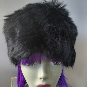 Adrienne Landau Black Rabbit Fur Pill Box Hat